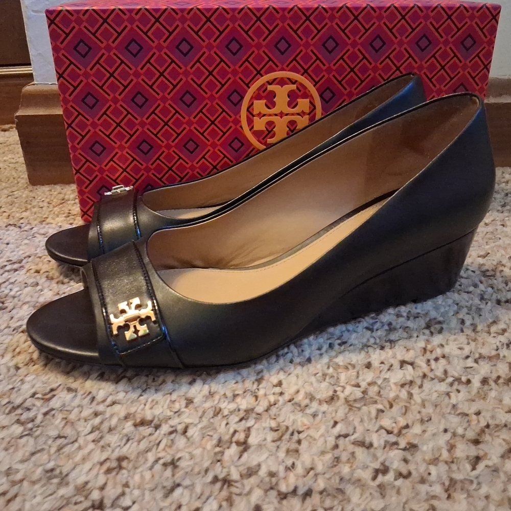Tory Burch Black Wedge Peep-Toe Shoes